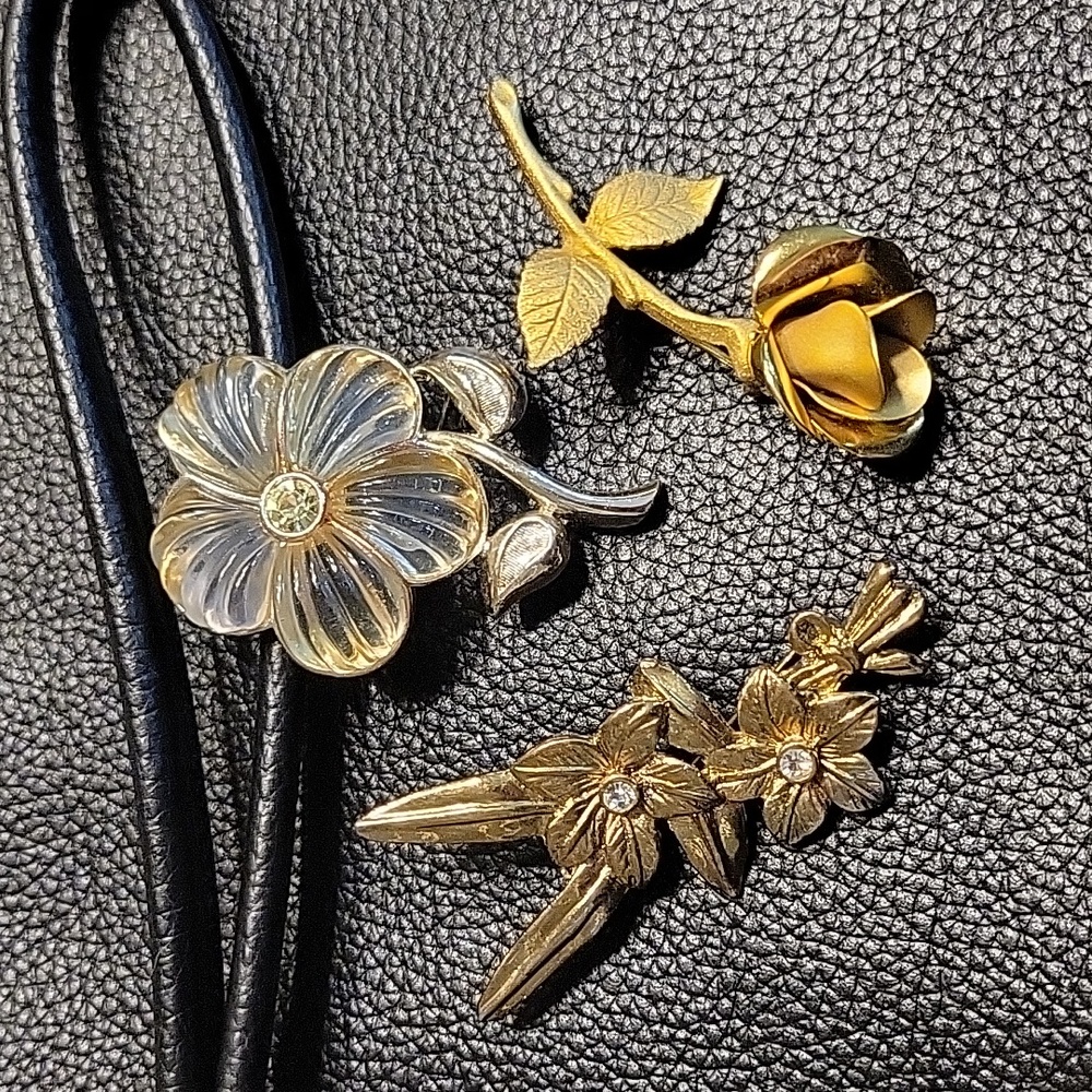 Lot of 3 Floral Pins ~ Anne Klein Lucite Flower, Unmarked Rose & Bouquet Pins